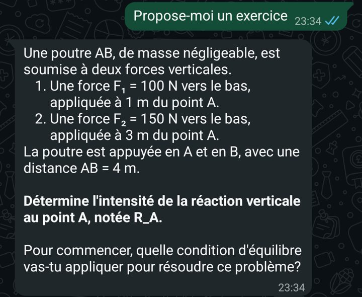 WhatsApp screenshot: Akili proposes a statics exercise on a beam and asks which equilibrium condition to apply.